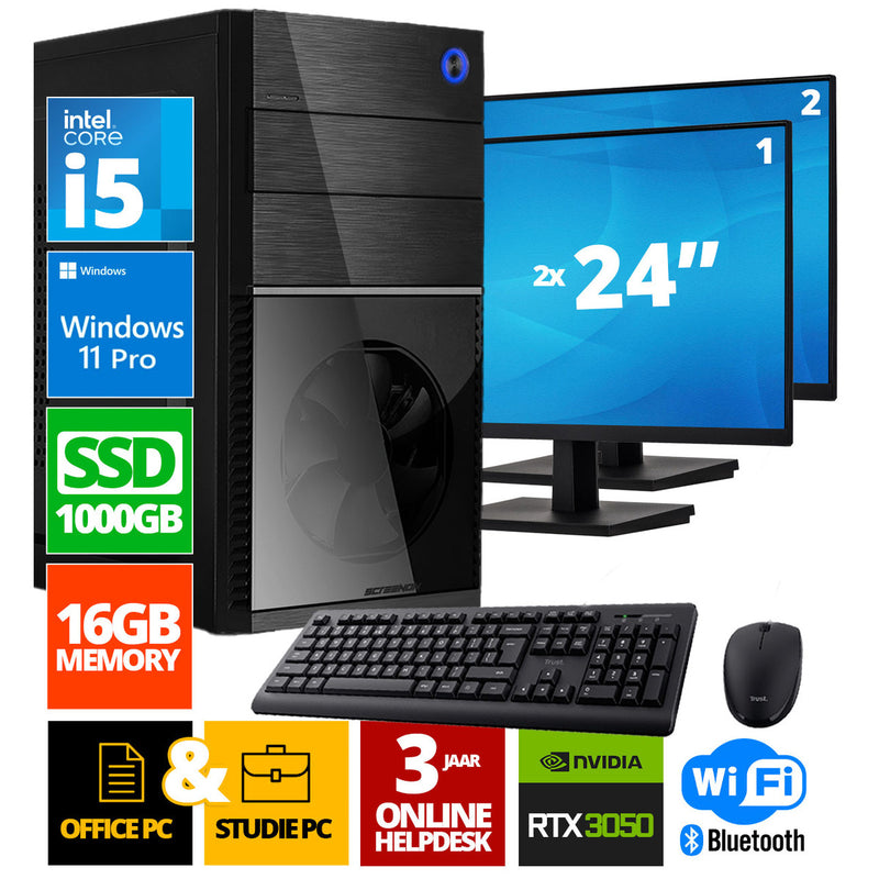 Intel Compleet PC + 2 x 24" Monitor + Muis & Toetsenbord | Intel Core i5 | 16 GB DDR4 | 1 TB SSD | RTX 3050 | Windows 11 Pro + WiFi & Bluetooth