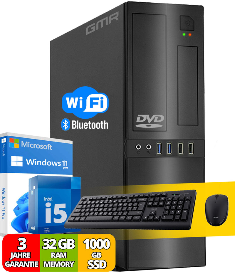 Intel Office PC Komplett mit Tastatur und Maus | Intel i5 | 32 GB RAM | 1000 GB SSD | DVD-Brenner - Kartenleser | WiFi 600 und Bluetooth 5 | USB3 | Windows 11 Pro | 3 Jahren Garantie!