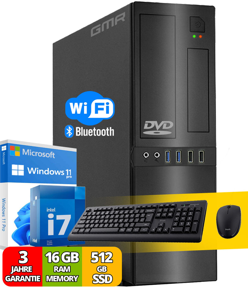 Intel Office PC Complete with Keyboard and Mouse | Intel i7 | 16 GB RAM | 512 GB SSD | DVD Burner | WiFi 600 and Bluetooth 5 | USB3 | Windows 11 Pro | 3 Year Warranty