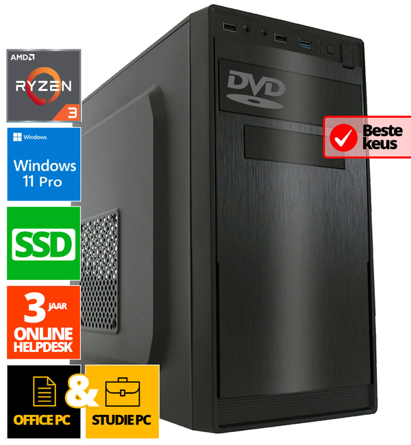 Budget Office PC - Ryzen 3 - 500GB SSD - 16GB RAM - Radeon Vega 8 - Windows 11 Pro + WiFi & Bluetooth