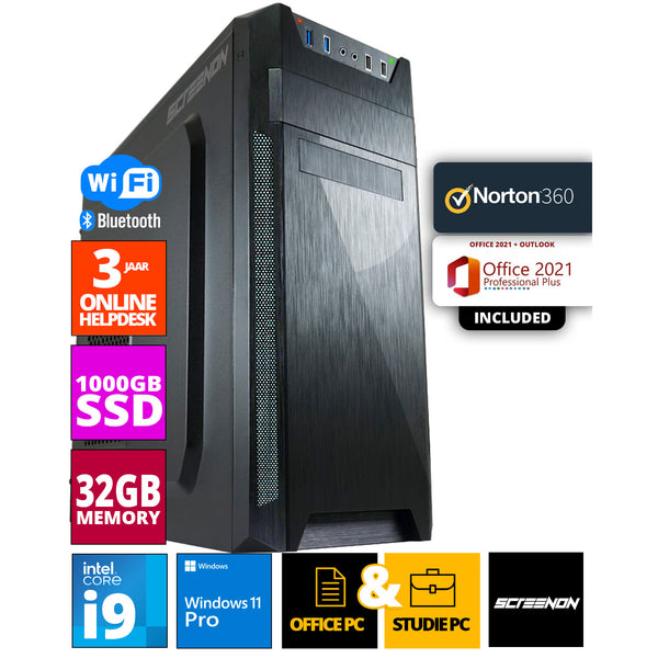 ScreenON - Allround Office PC - Intel Core i9 - 1TB M.2 SSD - 32GB RAM - UHD Graphics 750 - Inclusief Norton 360 + WiFi & Bluetooth