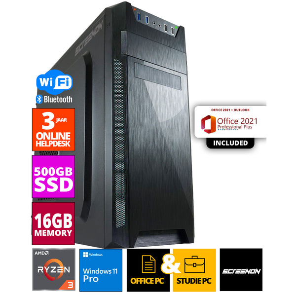 Budget Office PC - Ryzen 3 - 500GB NVMe SSD - 16GB RAM - Radeon Vega 8 - Inclusief Office Professional Plus 2021 + WiFi & Bluetooth