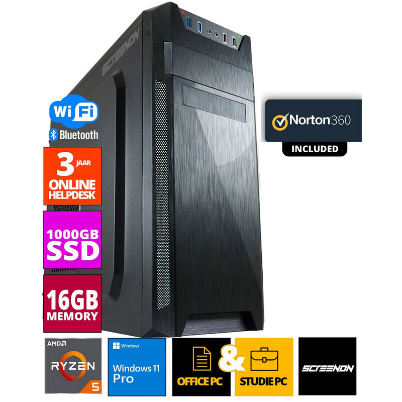 ScreenON - Ryzen 5 - 1TB M.2 SSD - 16GB RAM - GTX 1660 of RTX 2060 - Allround Office PC - Inclusief Norton 360 + WiFi & Bluetooth