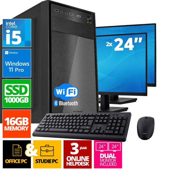 Intel Compleet PC SET | Intel Core i5 | 16 GB DDR4 | 1 TB SSD - NVMe + 2 x 24 Inch Monitor + Muis + Toetsenbord | Windows 11 Pro + WiFi & Bluetooth