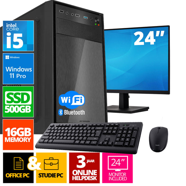 Intel Compleet PC SET | Intel Core i5 | 16 GB DDR4 | 500 GB SSD - NVMe + 24 Inch Monitor + Muis + Toetsenbord | Windows 11 Pro + WiFi & Bluetooth
