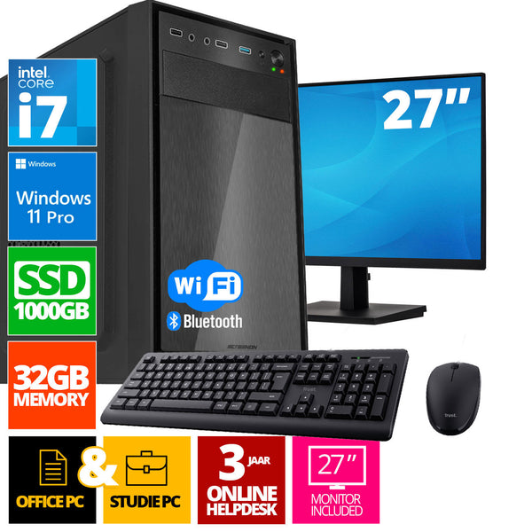 Intel Compleet PC SET | Intel Core i7 | 32 GB DDR4 | 1 TB SSD - NVMe + 27 Inch Monitor + Muis + Toetsenbord | Windows 11 Pro + WiFi & Bluetooth
