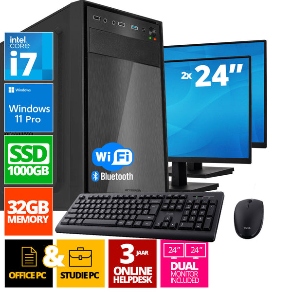 Intel Compleet PC SET | Intel Core i7 | 32 GB DDR4 | 1 TB SSD - NVMe + 2 x 24 Inch Monitor + Muis + Toetsenbord | Windows 11 Pro + WiFi & Bluetooth