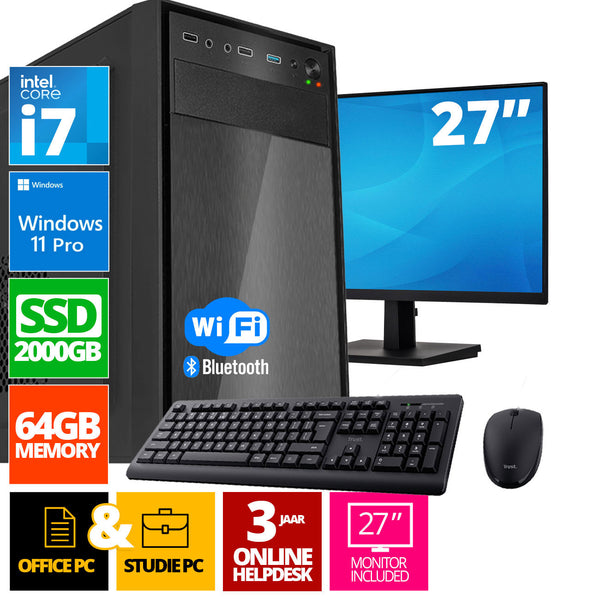 Intel Compleet PC SET | Intel Core i7 | 64 GB DDR4 | 2 TB SSD - NVMe + 27 Inch Monitor + Muis + Toetsenbord | Windows 11 Pro + WiFi & Bluetooth