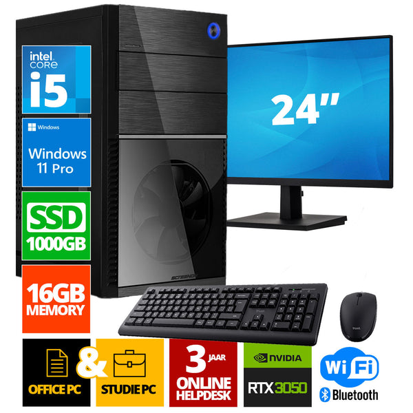 Intel Compleet PC + 24" Monitor + Muis & Toetsenbord | Intel Core i5 | 16 GB DDR4 | 1 TB SSD | RTX 3050 | Windows 11 Pro + WiFi & Bluetooth