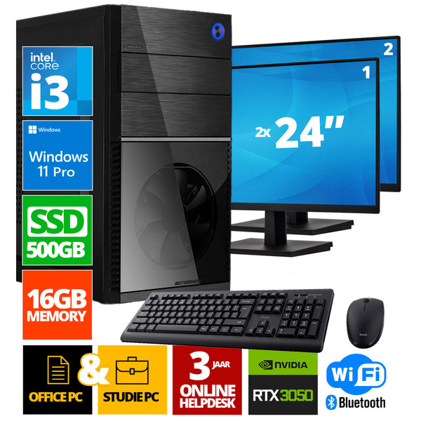 Intel Compleet PC + 2 x 24" Monitor + Muis & Toetsenbord | Intel Core i3 | 16 GB DDR4 | 500 GB SSD - NVMe | RTX 3050 | Windows 11 Pro + WiFi & Bluetooth