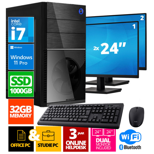 Intel Compleet PC + 2 x 24" Monitor + Muis & Toetsenbord | Intel Core i7 | 32 GB DDR4 | 1 TB SSD | RTX 3050 | Windows 11 Pro + WiFi & Bluetooth