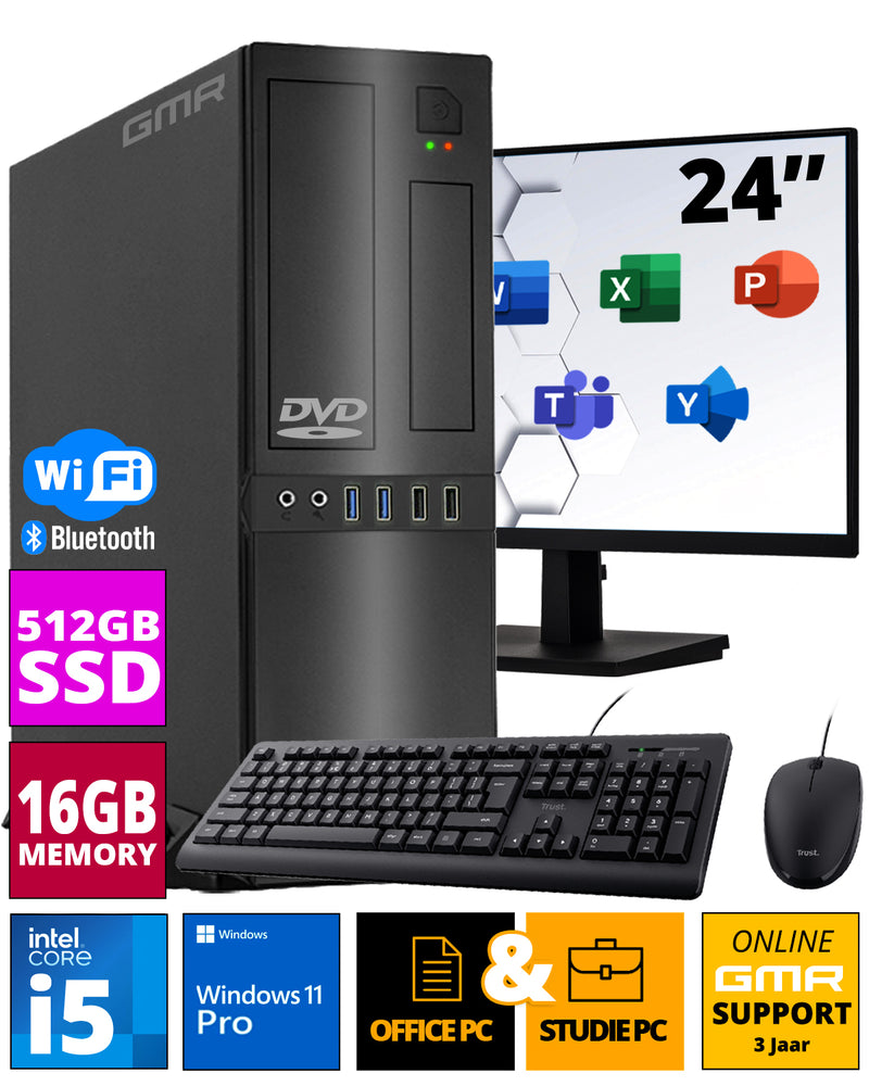 Intel Office PC Komplett 24 Zoll HD-Monitor, Tastatur und Maus | Intel i5 | 16 GB RAM | 512 GB SSD | DVD-Brenner | WiFi 600 und Bluetooth 5 | USB3 | Windows 11 Pro | 3 Jahren Garantie!
