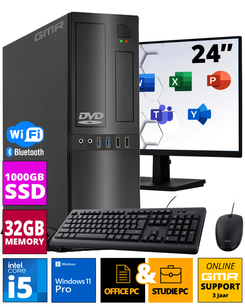 Intel Office PC Komplett 24 Zoll HD-Monitor, Tastatur und Maus | Intel i5 | 32 GB RAM | 1000 GB SSD | DVD-Brenner - Kartenleser | WiFi 600 und Bluetooth 5 | USB3 | Windows 11 Pro | 3 Jahren Garantie!