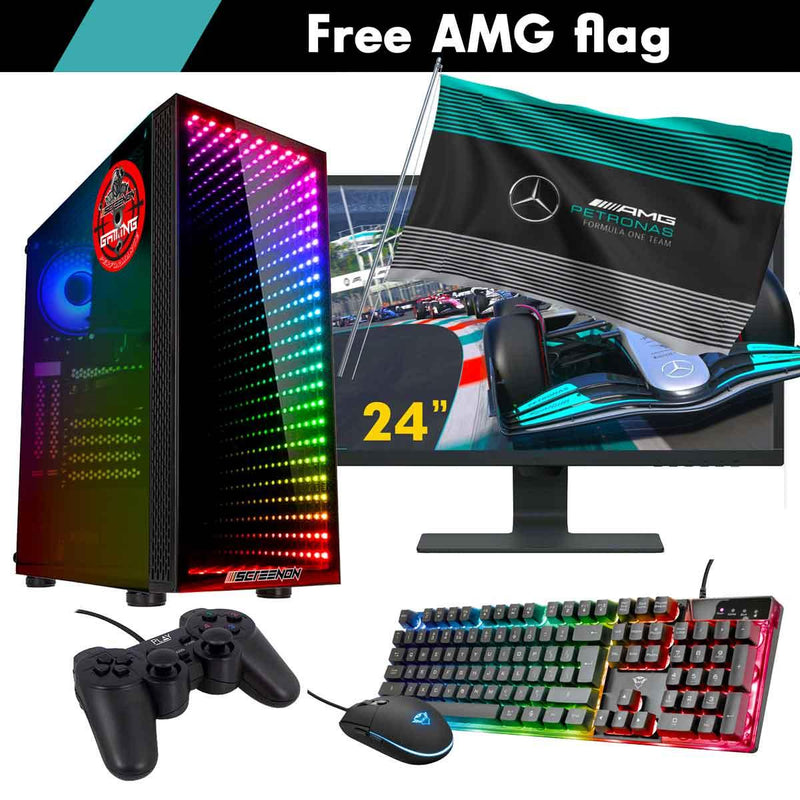 ScreenON - Racing Gaming Set + AMG Flag - F3426524 - (GamePC.F14065 + 24 Inch Monitor + Toetsenbord + Muis + Controller + Gratis AMG Flag) - ScreenOn